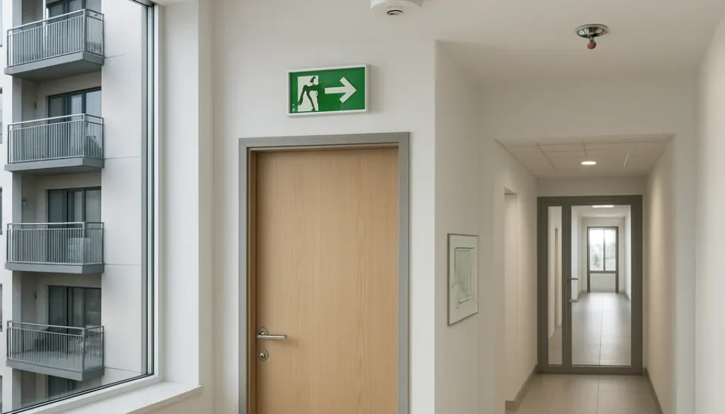 Modern svensk fastighet med tydlig utrymningsskylt, branddetektor och sprinklermontage