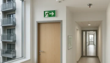 Modern svensk fastighet med tydlig utrymningsskylt, branddetektor och sprinklermontage