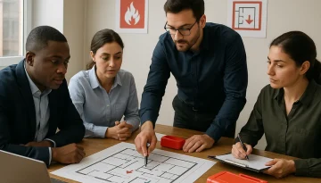 Tekniker genomför service på brandsläckare och hjärtstartare