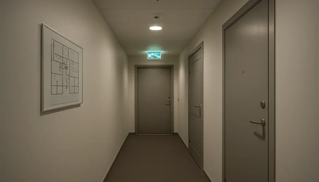 Brandsäkerhet i flerbostadshus med utrymningsskyltar, branddörrar och sprinklers