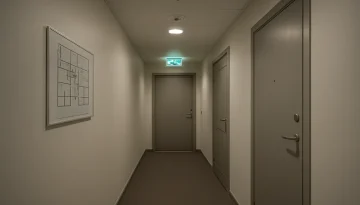 Brandsäkerhet i flerbostadshus med utrymningsskyltar, branddörrar och sprinklers