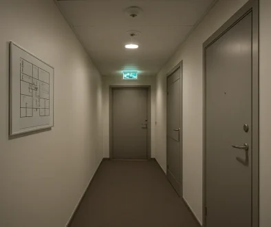 Brandsäkerhet i flerbostadshus med utrymningsskyltar, branddörrar och sprinklers