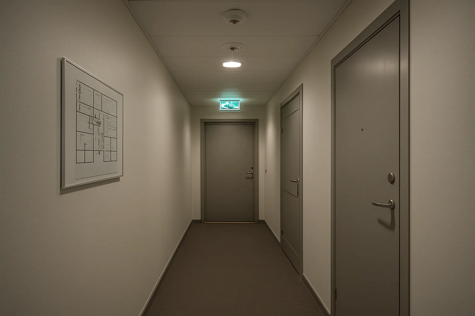 brandsakerhet-flerbostadshus-korridor Brandsäkerhet i flerbostadshus med utrymningsskyltar, branddörrar och sprinklers