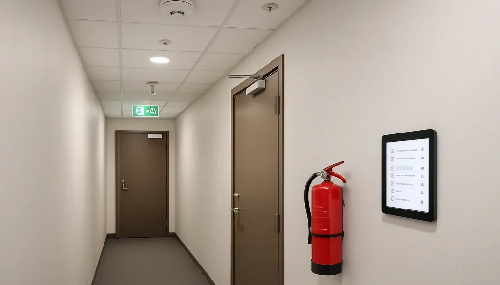 Brandsäkerhet i fastighet: brandlarm, släckare och markerad nödutgång i korridor