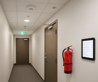 Brandsäkerhet i fastighet: brandlarm, släckare och markerad nödutgång i korridor