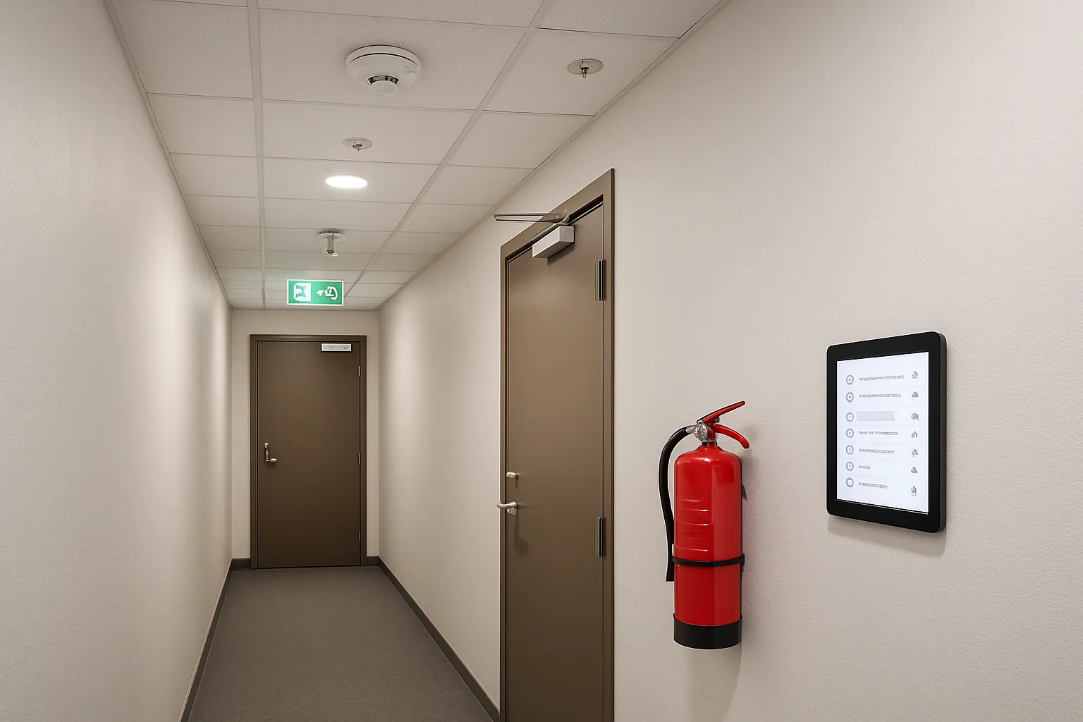 brandsakerhet-sba-korridor Brandsäkerhet i fastighet: brandlarm, släckare och markerad nödutgång i korridor