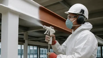 Tekniker applicerar svällande brandskyddsfärg på stålbalkar i modern industrimiljö.