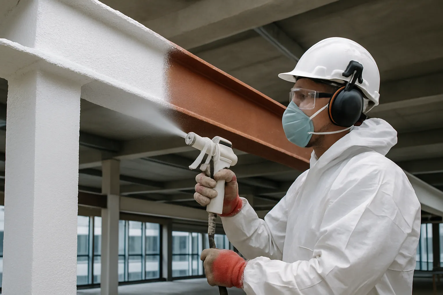 Tekniker applicerar svällande brandskyddsfärg på stålbalkar i modern industrimiljö.