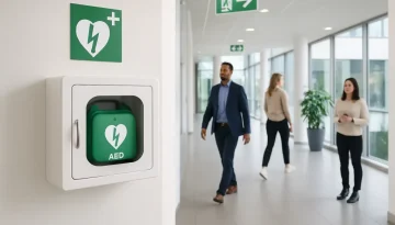 Väggmonterad hjärtstartare i modern kontorslobby med tydlig skyltning