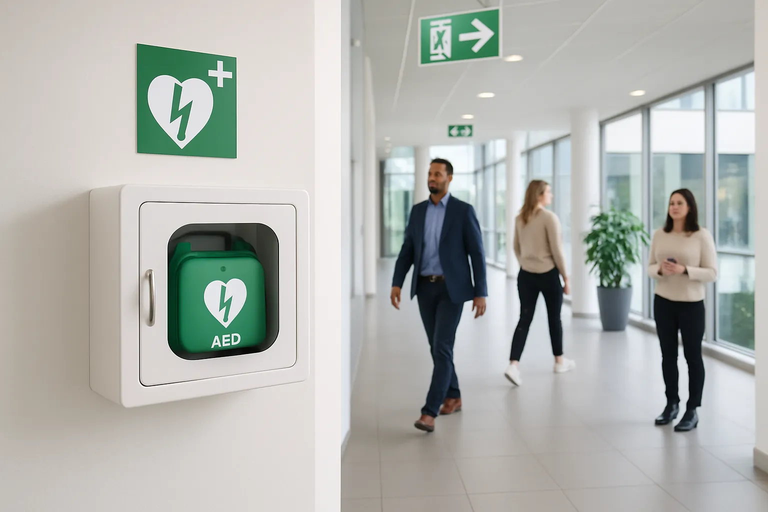 Väggmonterad hjärtstartare i modern kontorslobby med tydlig skyltning