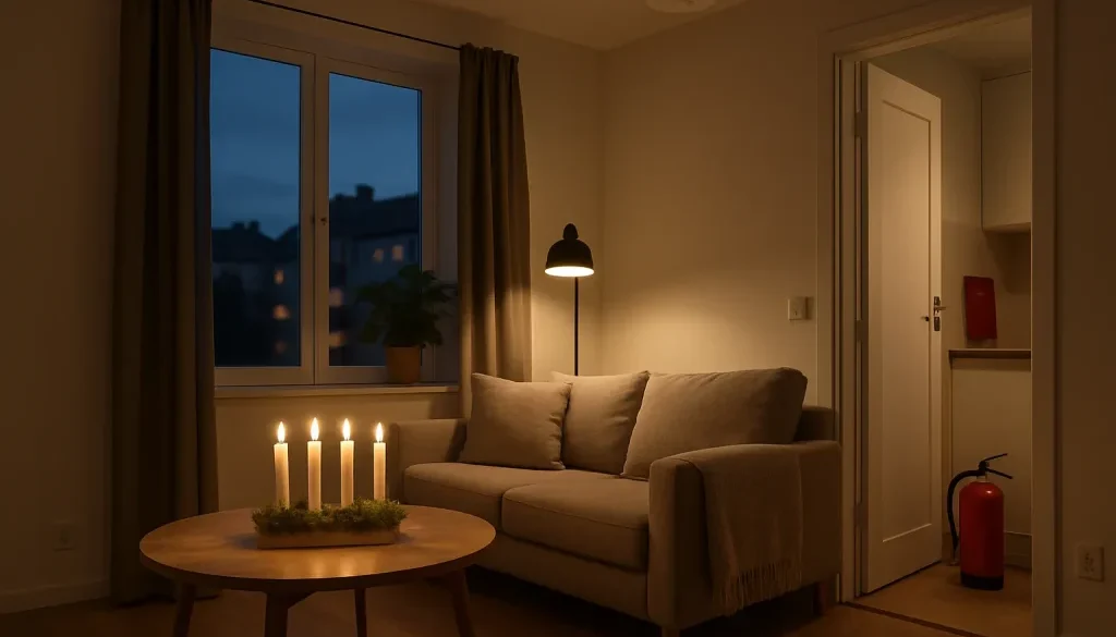 Brandvarnare över vardagsrum med tända adventsljus, brandfilt i kök och 2 kg pulversläckare vid dörren.