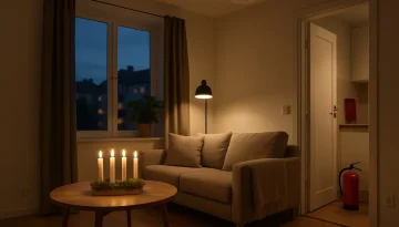 Brandvarnare över vardagsrum med tända adventsljus, brandfilt i kök och 2 kg pulversläckare vid dörren.