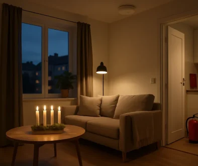 Brandvarnare över vardagsrum med tända adventsljus, brandfilt i kök och 2 kg pulversläckare vid dörren.