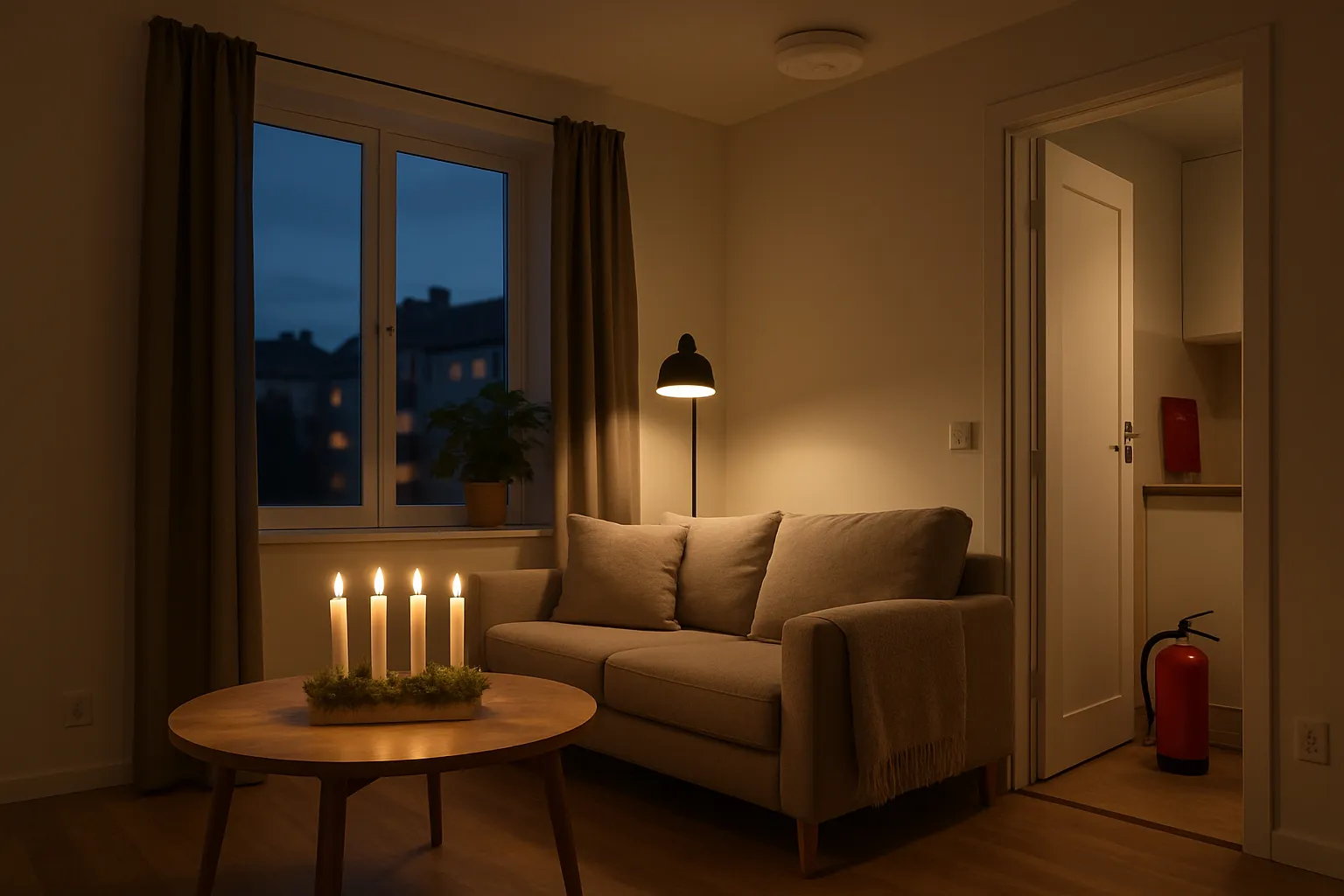 Brandvarnare över vardagsrum med tända adventsljus, brandfilt i kök och 2 kg pulversläckare vid dörren.