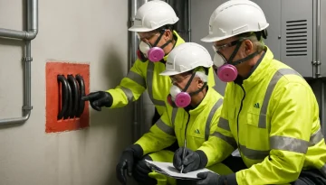 Tekniker i skyddsutrustning gör asbestriskbedömning vid brandtätade genomföringar
