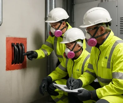 Tekniker i skyddsutrustning gör asbestriskbedömning vid brandtätade genomföringar