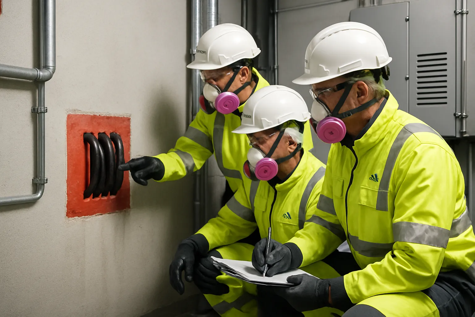 Tekniker i skyddsutrustning gör asbestriskbedömning vid brandtätade genomföringar