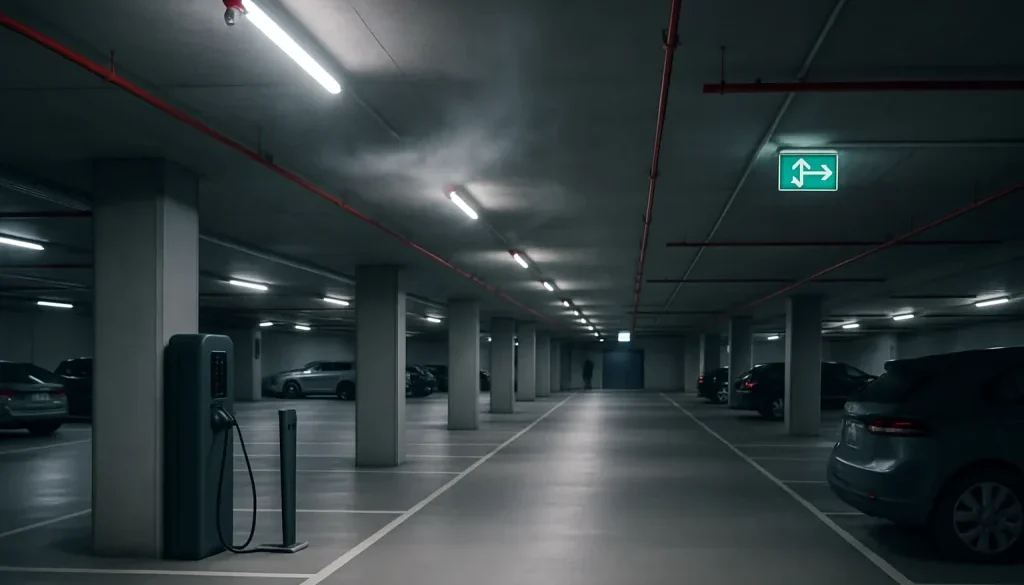 Modern parkeringsgarage med sprinkler, nödbelysning och EV-laddplatser