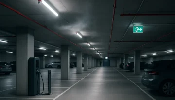 Modern parkeringsgarage med sprinkler, nödbelysning och EV-laddplatser