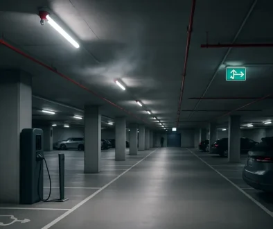 Modern parkeringsgarage med sprinkler, nödbelysning och EV-laddplatser