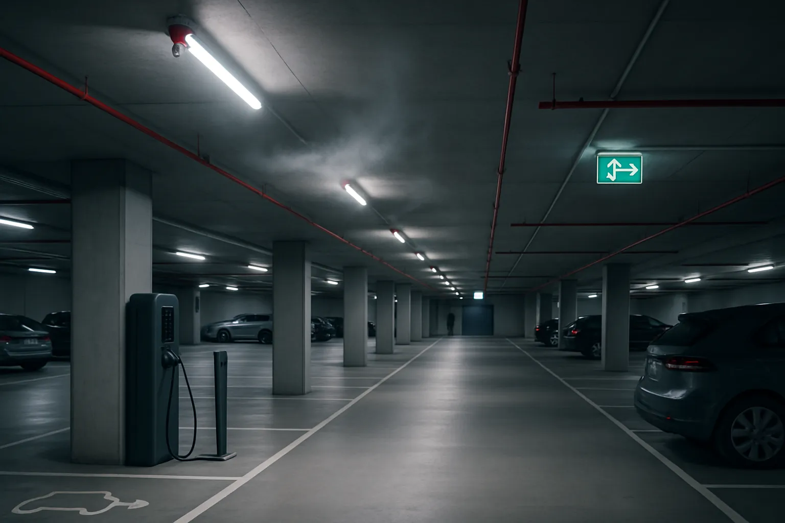 Modern parkeringsgarage med sprinkler, nödbelysning och EV-laddplatser