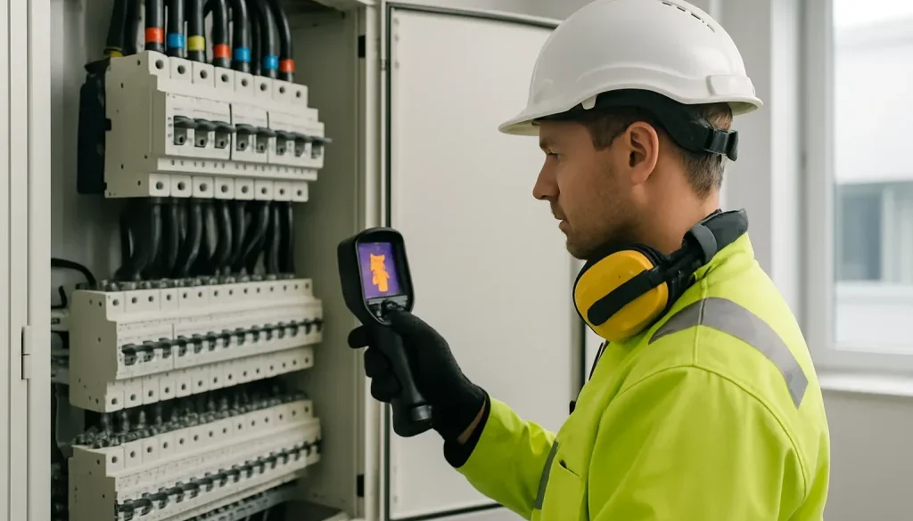 Elektriker genomför elsäkerhetsbesiktning i modern elcentral