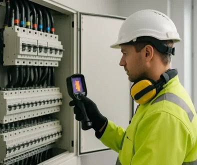 Elektriker genomför elsäkerhetsbesiktning i modern elcentral