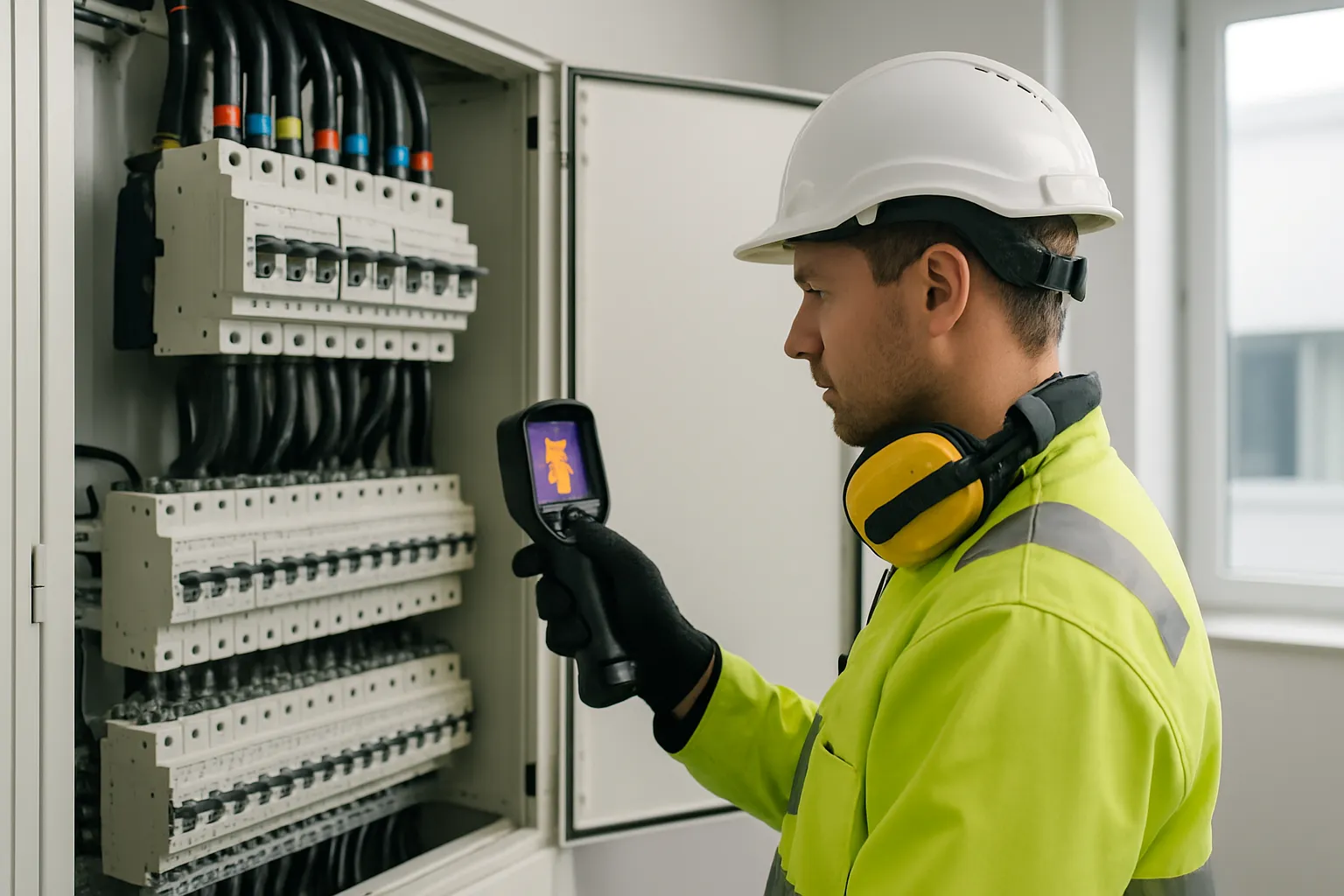 Elektriker genomför elsäkerhetsbesiktning i modern elcentral