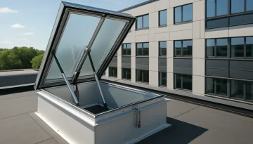 Röklucka på tak öppnar för brandgasventilation