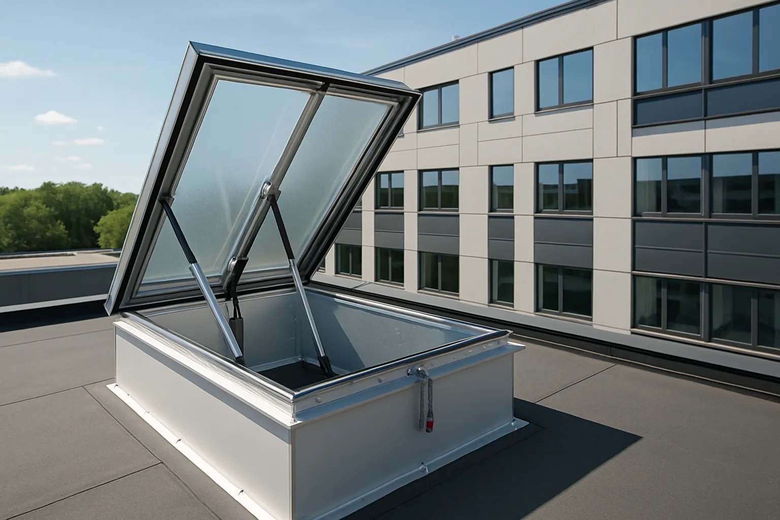 Röklucka på tak öppnar för brandgasventilation