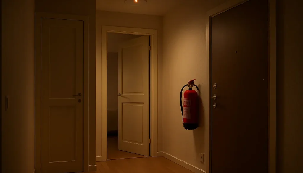 Stängd sovrumsdörr, brandvarnare i taket och 6 kg pulversläckare i svensk fastighet