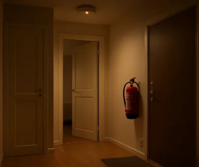 Stängd sovrumsdörr, brandvarnare i taket och 6 kg pulversläckare i svensk fastighet