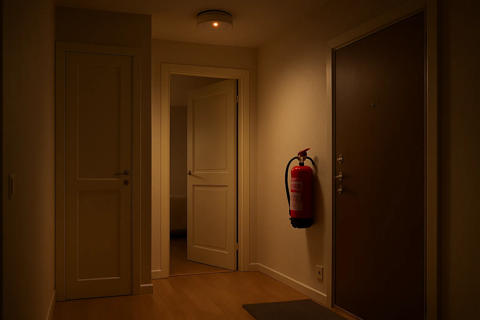 Stängd sovrumsdörr, brandvarnare i taket och 6 kg pulversläckare i svensk fastighet