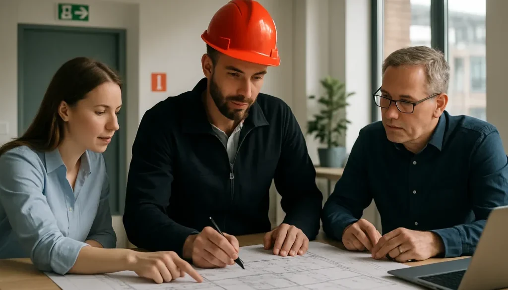 Brandkonsult som granskar ritningar med projektteam i modern fastighet