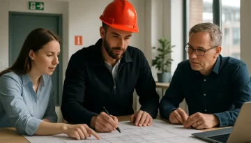 Brandkonsult som granskar ritningar med projektteam i modern fastighet