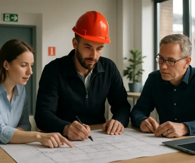 Brandkonsult som granskar ritningar med projektteam i modern fastighet