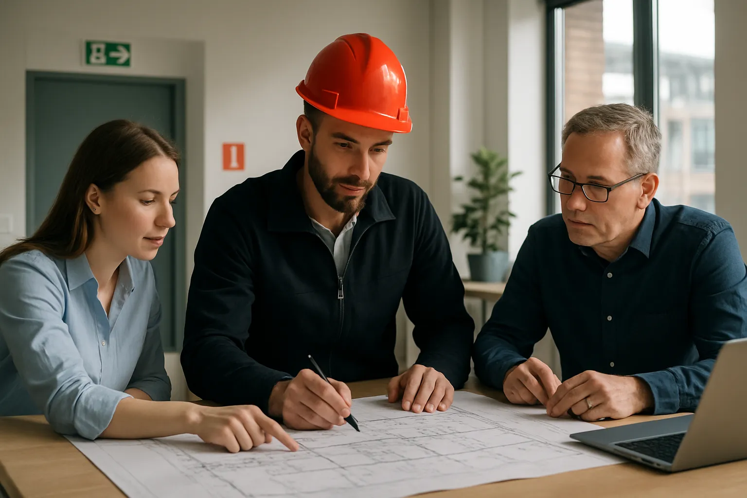 Brandkonsult som granskar ritningar med projektteam i modern fastighet