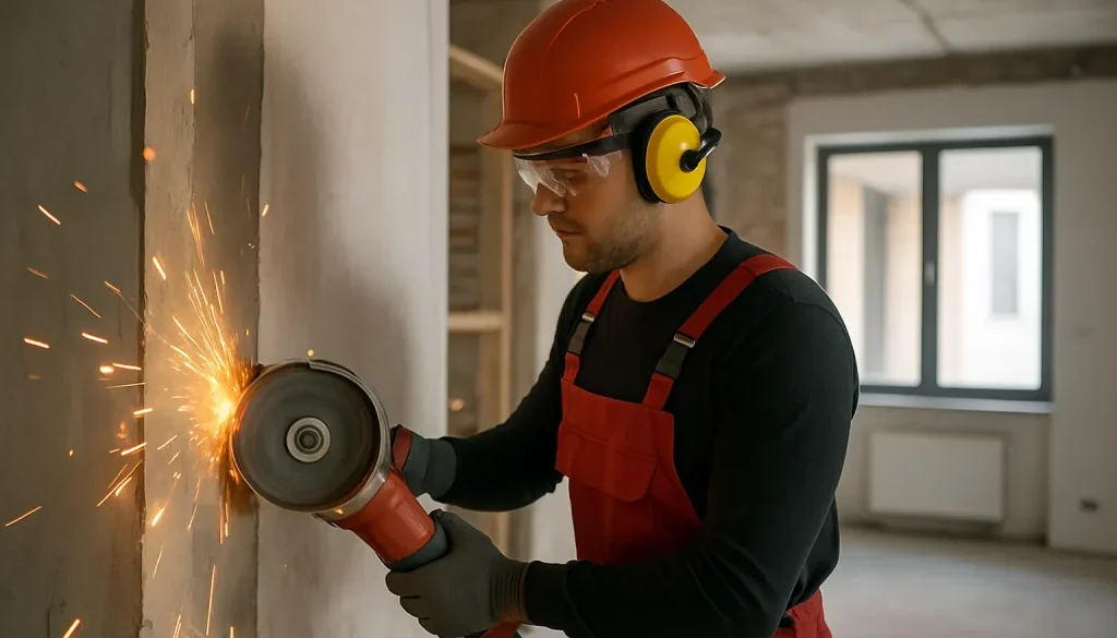 Brandvakt övervakar renoveringsarbete med tydligt avskärmad zon och släckutrustning.