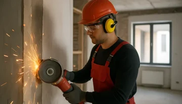Brandvakt övervakar renoveringsarbete med tydligt avskärmad zon och släckutrustning.