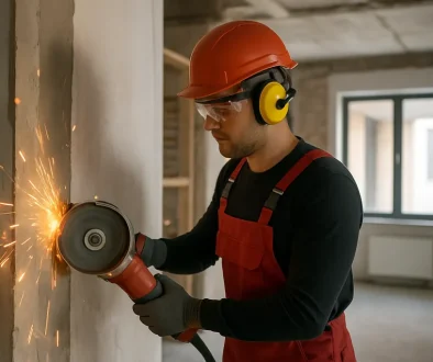 Brandvakt övervakar renoveringsarbete med tydligt avskärmad zon och släckutrustning.