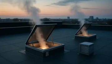 Öppna brandgasventilatorer på taket till en modern fastighet