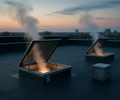 Öppna brandgasventilatorer på taket till en modern fastighet