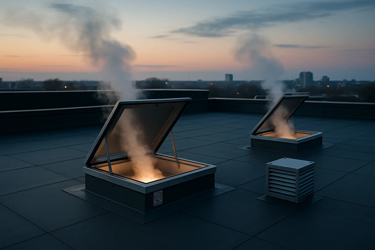 Öppna brandgasventilatorer på taket till en modern fastighet