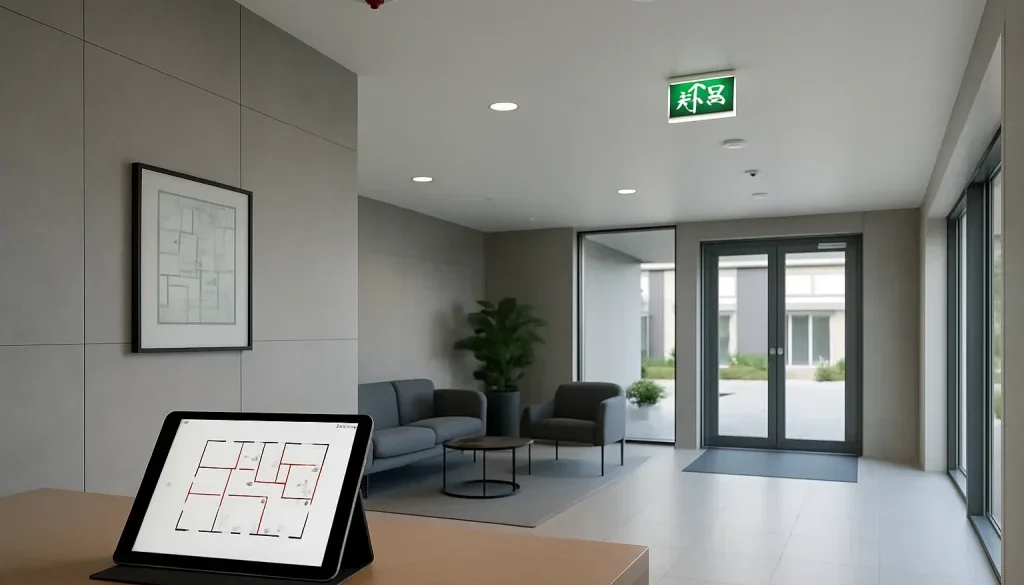 Modern svensk byggnadslobby med sprinkler, brandlarm och utrymningsskyltar