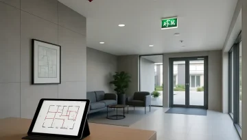 Modern svensk byggnadslobby med sprinkler, brandlarm och utrymningsskyltar