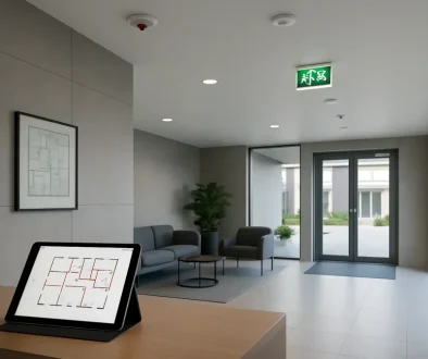 Modern svensk byggnadslobby med sprinkler, brandlarm och utrymningsskyltar