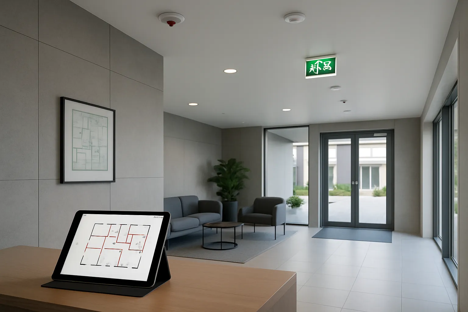 Modern svensk byggnadslobby med sprinkler, brandlarm och utrymningsskyltar