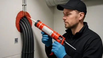 Tekniker som utför brandtätning runt kablar i teknikrum