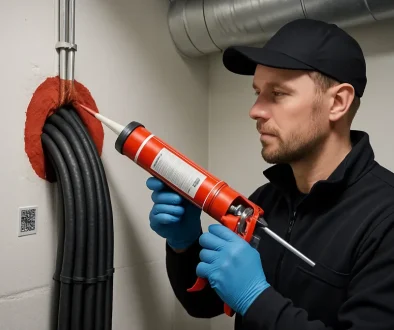Tekniker som utför brandtätning runt kablar i teknikrum