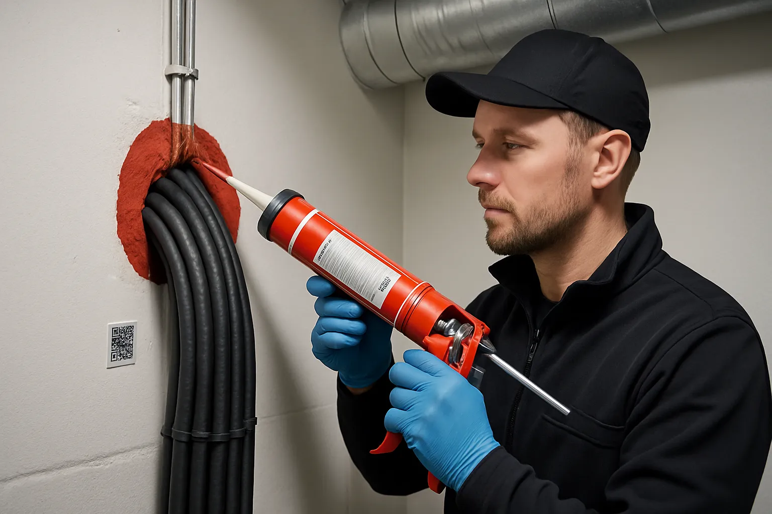 Tekniker som utför brandtätning runt kablar i teknikrum